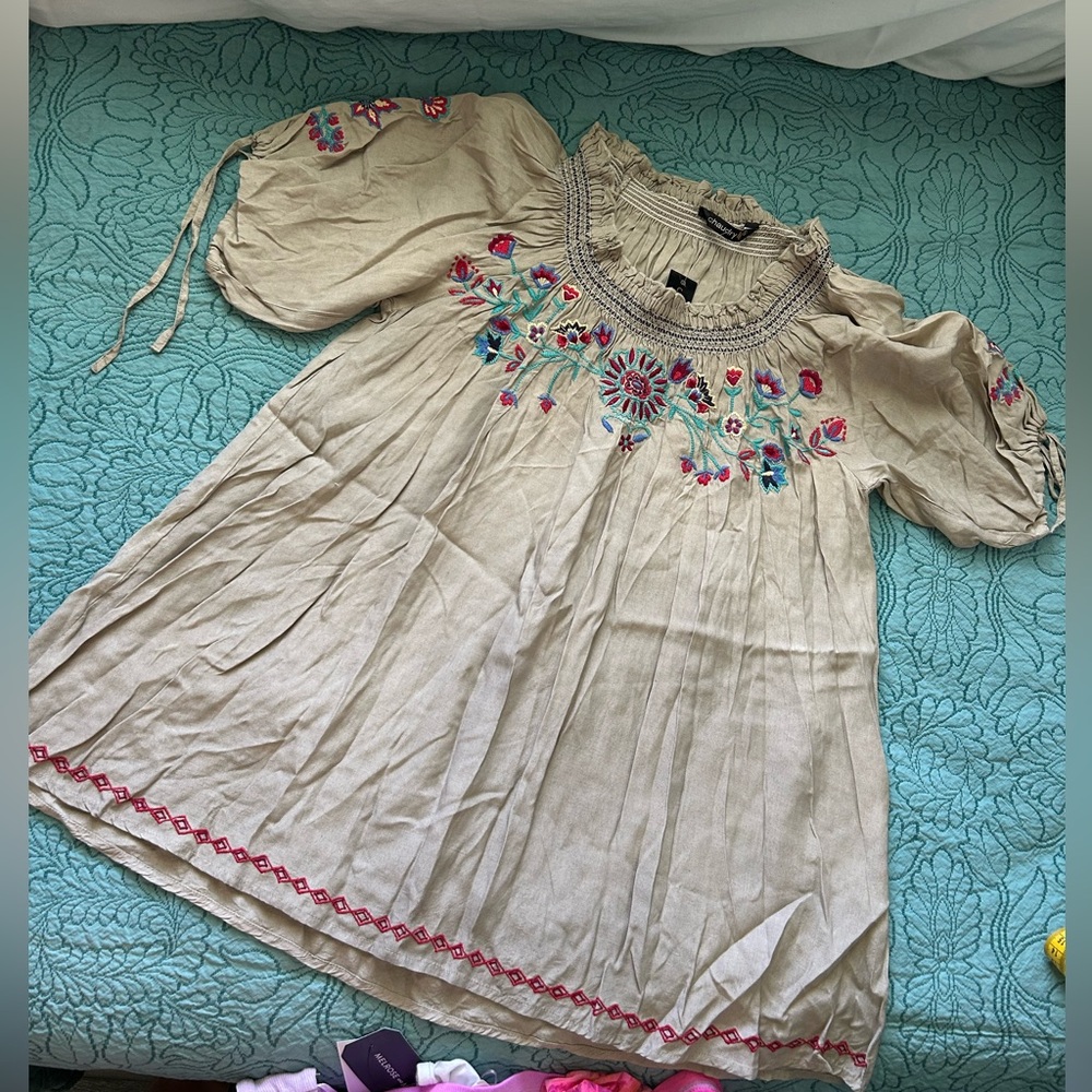KC Chaudry Tan Pleated Ruffled Puff Sleeve Blouse with Embroidered Detail